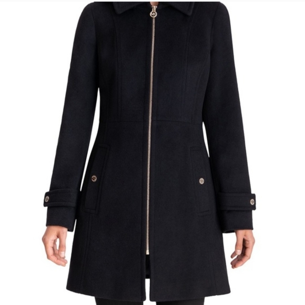 NWT MICHAEL Michael Kors Black Wool Blend Zip Front Hooded Coat 2X Plus Gold MK